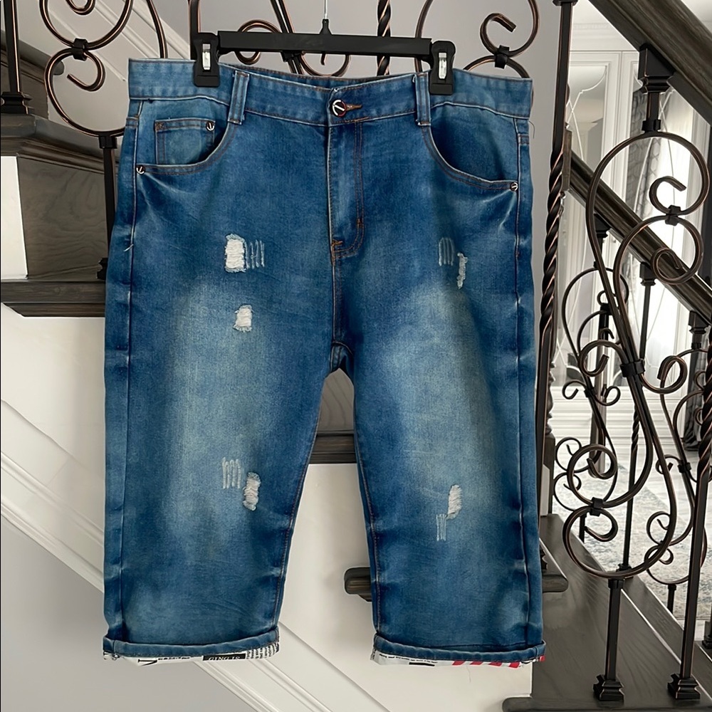 Men’s Blue Distressed Denim Shorts